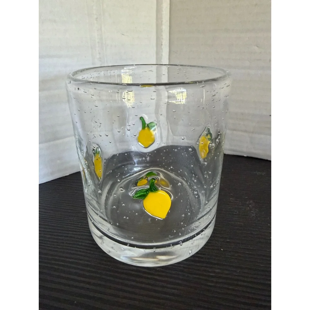 Vtg Style Fruit Juice Glasses Set of 2 Cherry Lemon Raised Design Clear Glass